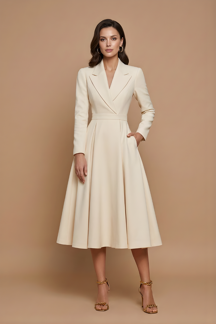 Women's elegant A-line midi dress with notched lapel & pleats, perfect for formal events & work.