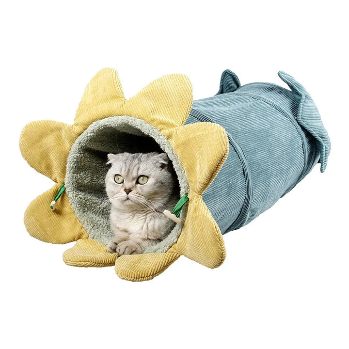 Feline play tunnel for cats, a soft flower retreat for playful activity or cozy rest. Pet comfort item.