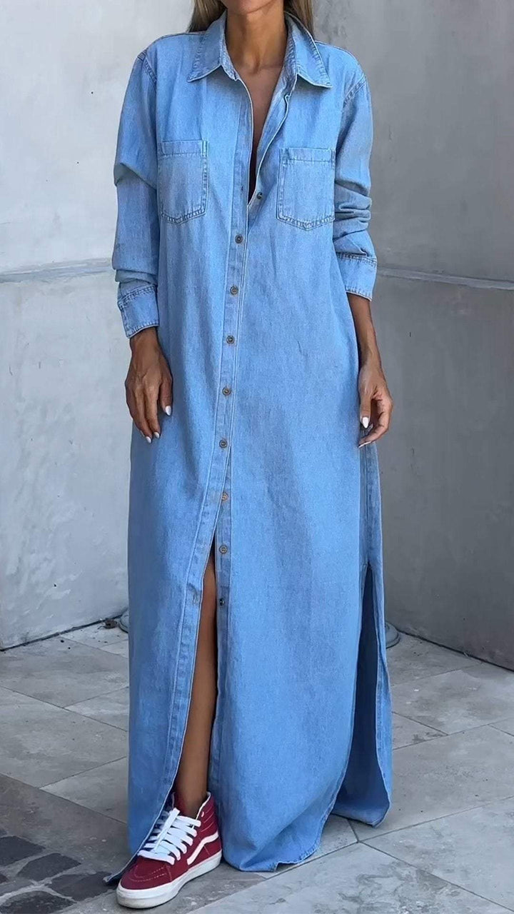 Elegant women's long sleeve lapel shirt dress. Perfect chic casual or workwear autumn/winter style.
