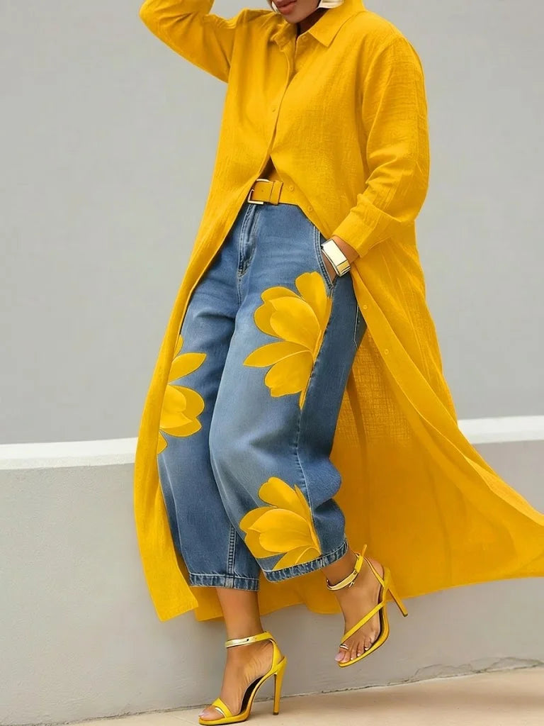 Fashionable women's spring/summer set: elegant shirt dress & eye-catching floral skinny jeans outfit.