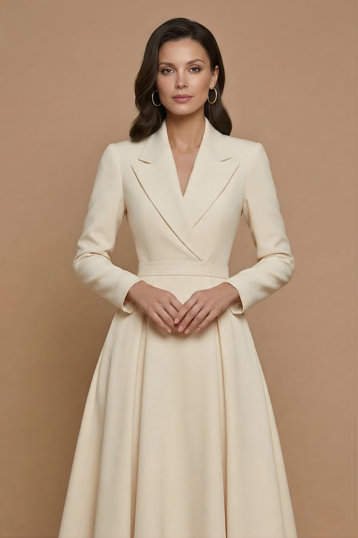 Versatile women's midi dress: notched lapel, A-line, pleated skirt. Ideal for work, evening, formal wear.