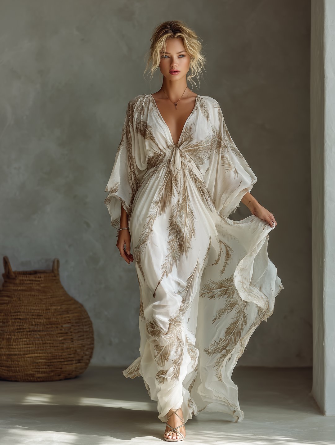Tropical palm leaf maxi dress for women, featuring a twisted front & flowy design. Ideal for elegant evening wear.