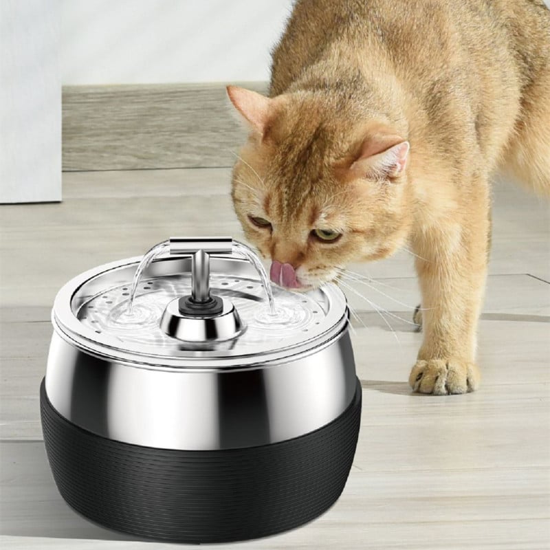 Stainless steel pet drinking fountain for dogs & cats, 3 quart capacity, promoting pet hydration.