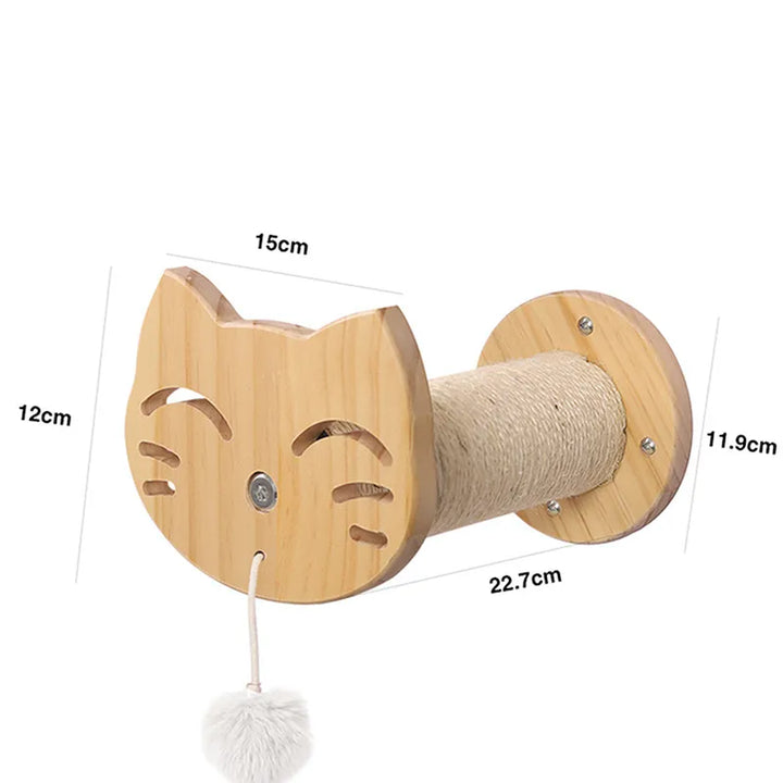 Natural wood wall-mounted cat scratcher with a soft, cozy pet bed for feline relaxation.