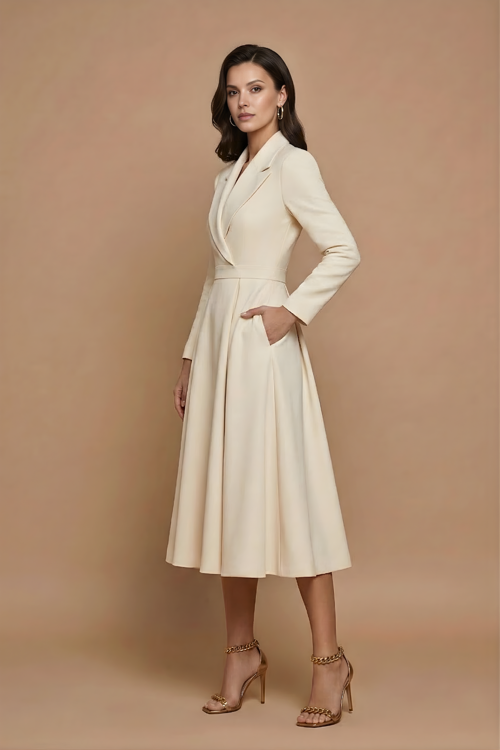 Sophisticated women's pleated A-line midi dress featuring a stylish notched lapel and long sleeves.