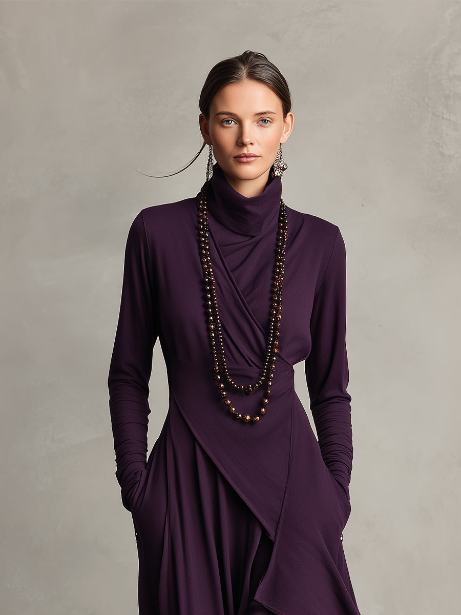 Purple draped turtleneck dress for women, featuring elegant long sleeves and convenient pockets.