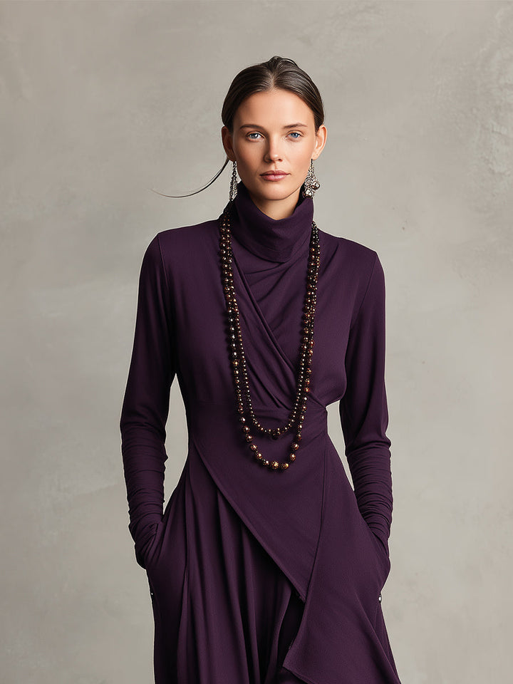 Purple draped turtleneck dress for women, featuring elegant long sleeves and convenient pockets.