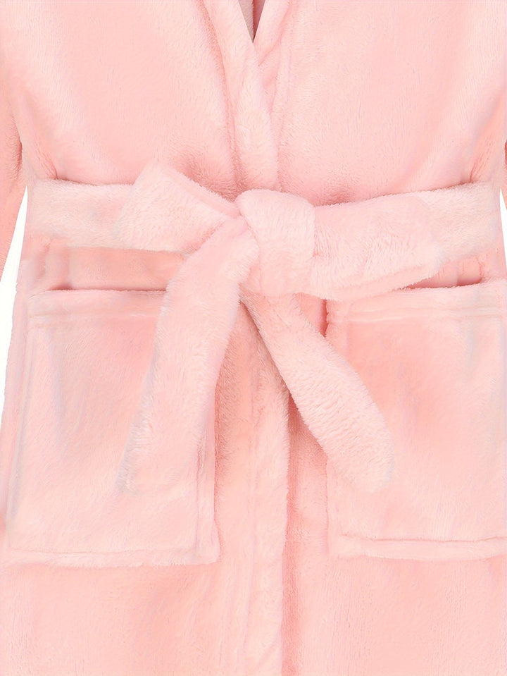 Girls' cozy fleece hooded bathrobe, soft and warm for after-bath comfort or sleepwear.