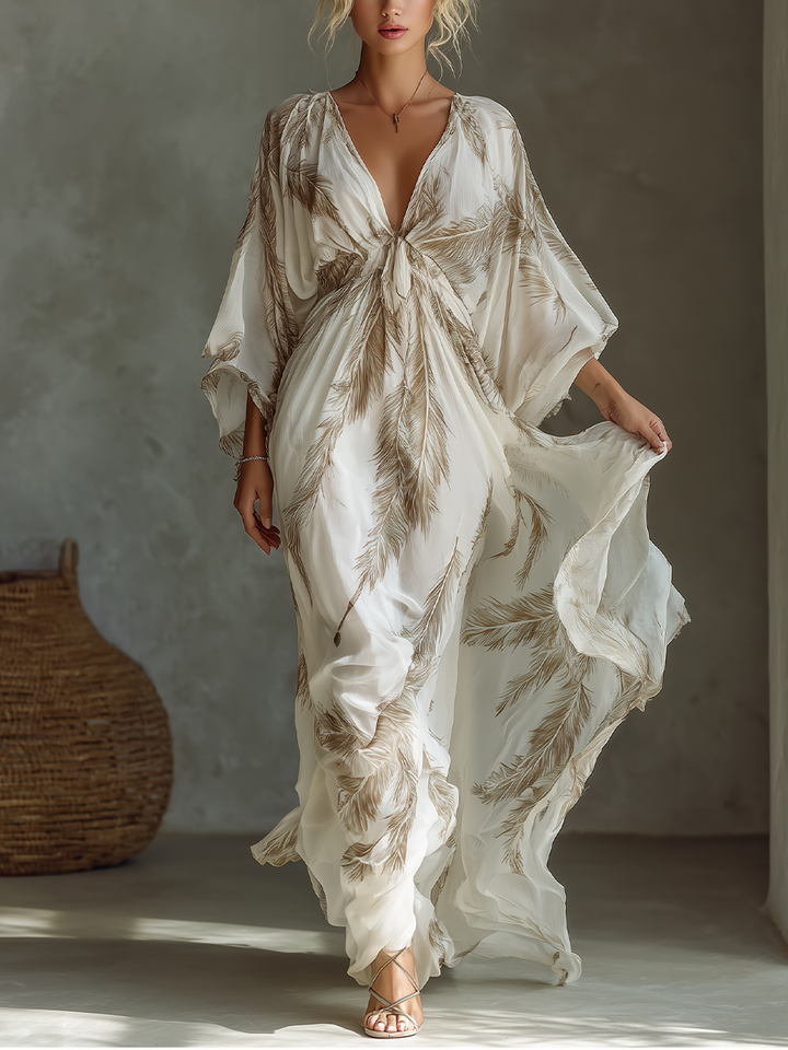 Elegant women's palm leaf print maxi dress with V-neck, dolman sleeves & twisted front. Perfect for summer vacations.