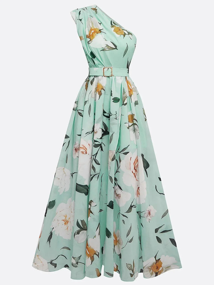Formal party dress for women, elegant one-shoulder A-line maxi with ruched bodice, ideal for special events.