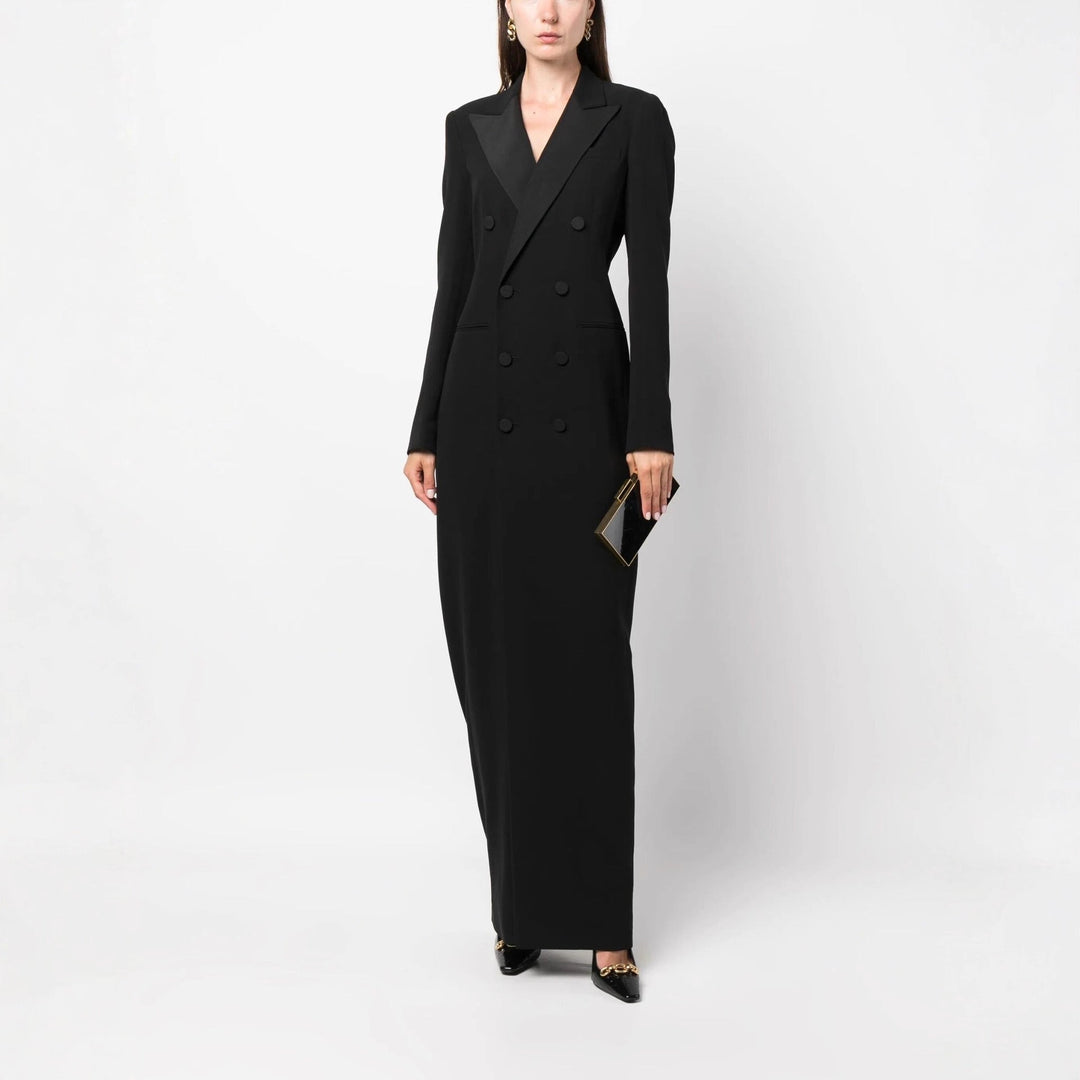 Elegant women's double-breasted blazer maxi dress. Tailored floor-length formal wear for sophisticated style.