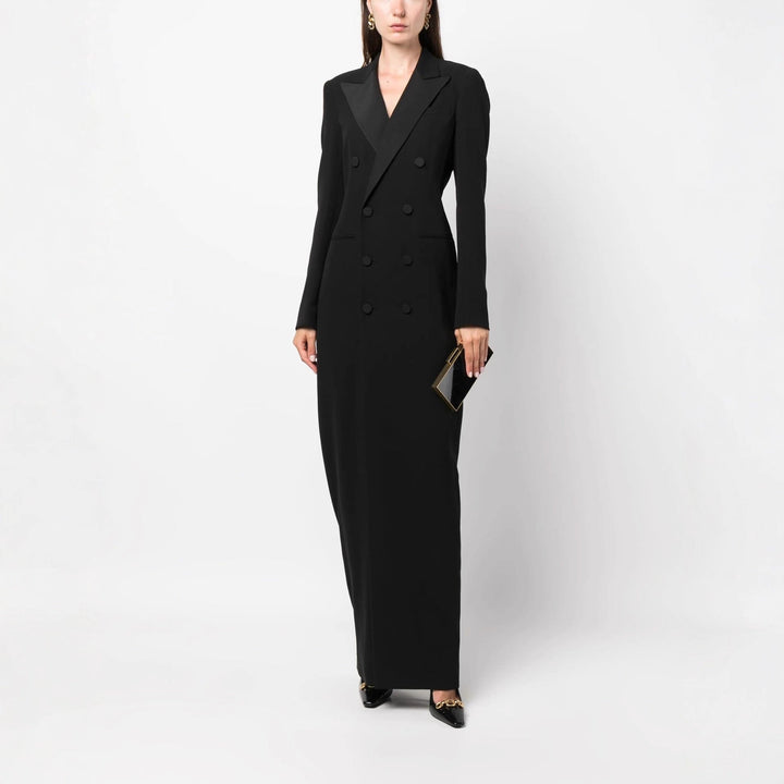 Elegant women's double-breasted blazer maxi dress. Tailored floor-length formal wear for sophisticated style.