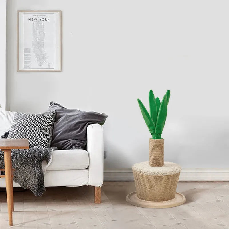 Modern plant-themed sisal cat scratching post, essential for cat claw care and stylish pet furniture home decor.