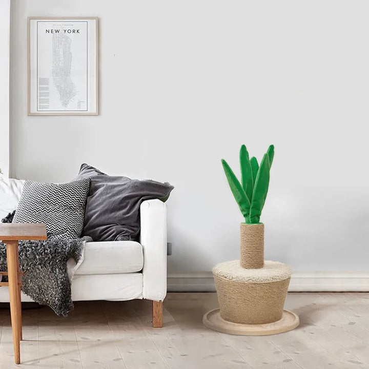 Modern plant-themed sisal cat scratching post, essential for cat claw care and stylish pet furniture home decor.