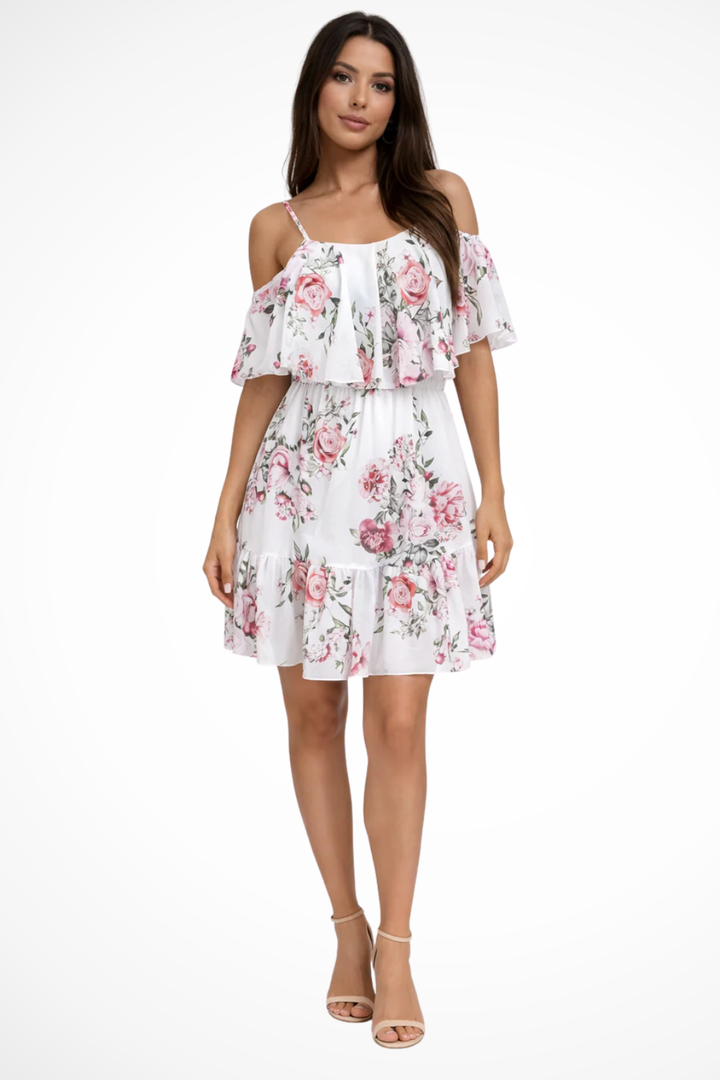 Chic women's off-shoulder floral ruffle mini dress. Versatile for spring fashion, summer outings, or casual elegance.