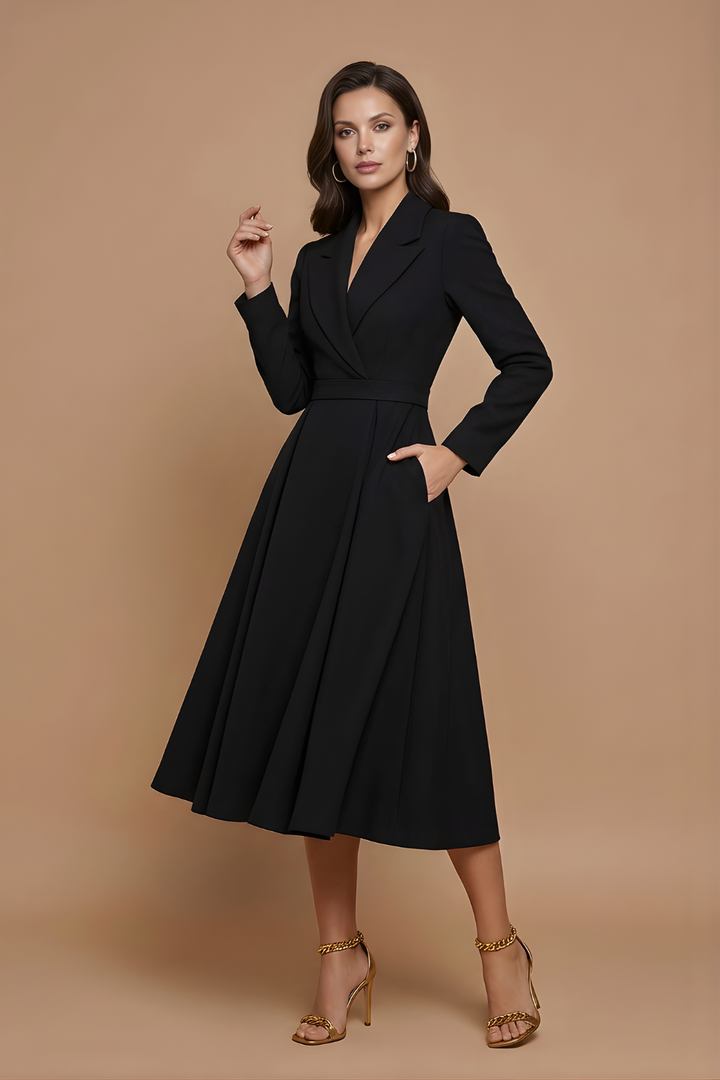 Formal A-line midi dress for women, with elegant pleats & notched lapel. Suitable for office or evening.