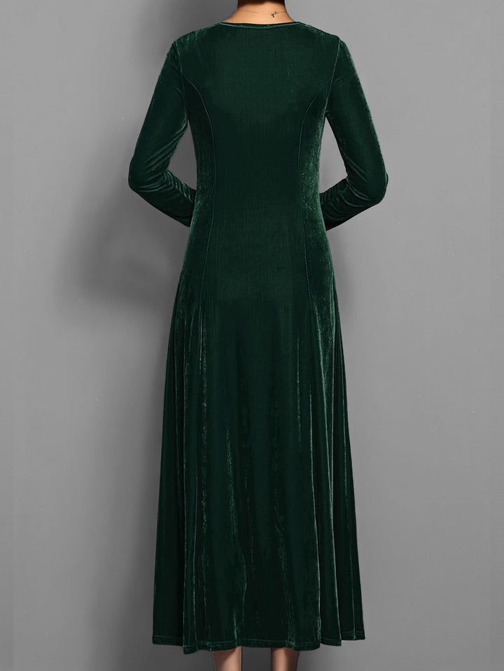 Chic women's flared maxi dress with long sleeves, a versatile full-length option for elegant casual style.