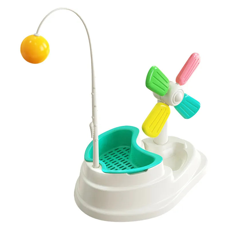 Brightly colored interactive cat windmill toy, offering mental stimulation & engaging play for playful kittens.