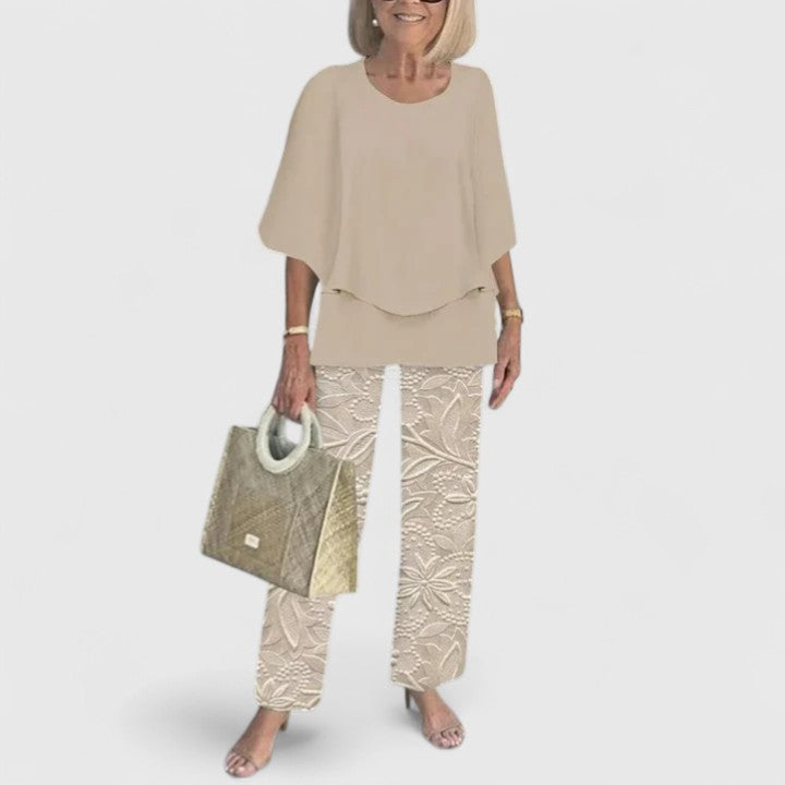 Plus size women's sophisticated loose two-piece outfit set, comfortable and chic for all body types.
