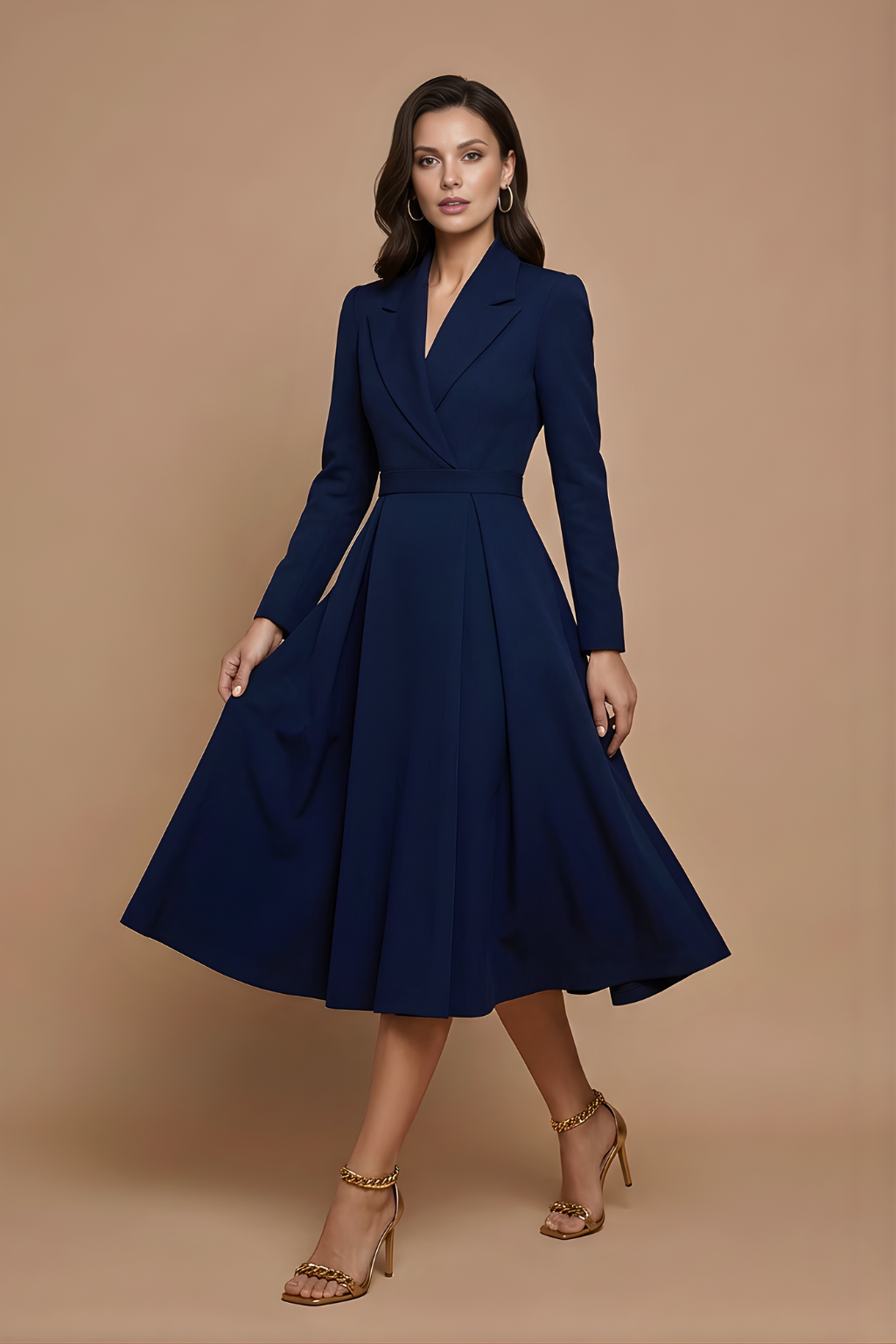 Woman in a stylish long sleeve notched lapel pleated A-line midi dress. Elegant formal wear.