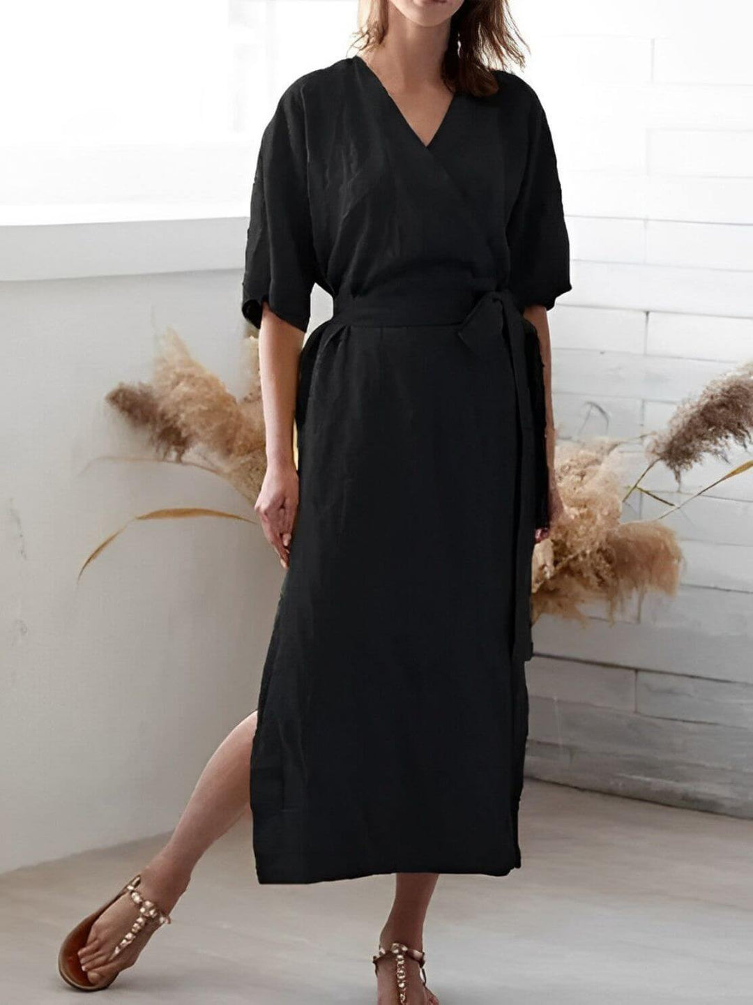 Wrap Dress with V-Neckline and Belt