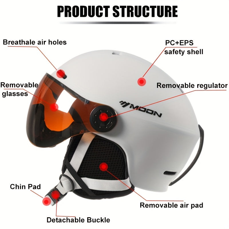 Front view of a white ski helmet with integrated goggle clip. Essential safety gear for winter sports.