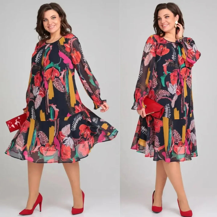 Bold floral print long sleeve midi dress for women. Versatile occasion wear, from casual to party.
