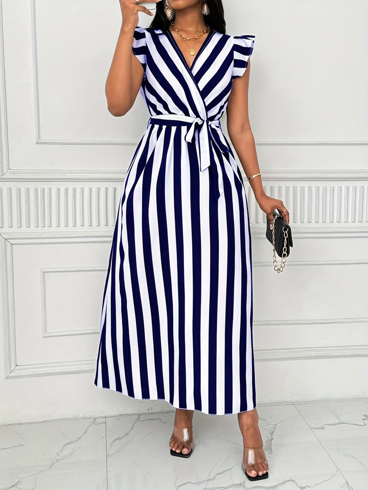 Stylish striped women's day dress featuring elegant lotus sleeves and a comfortable, flattering design.