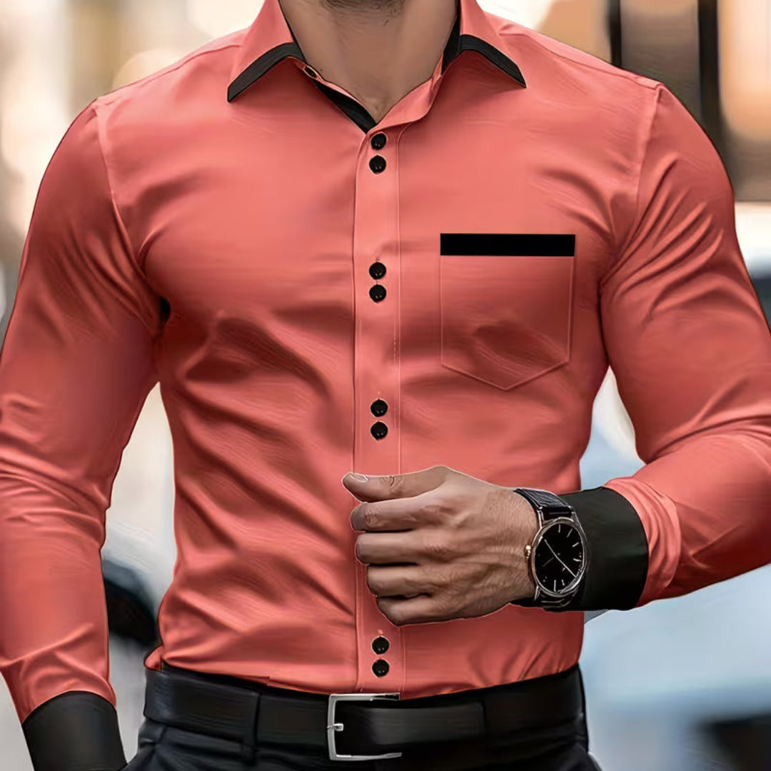 Timeless men's classic fit button shirt, collared, offering elegant style for office wear or smart casual events.