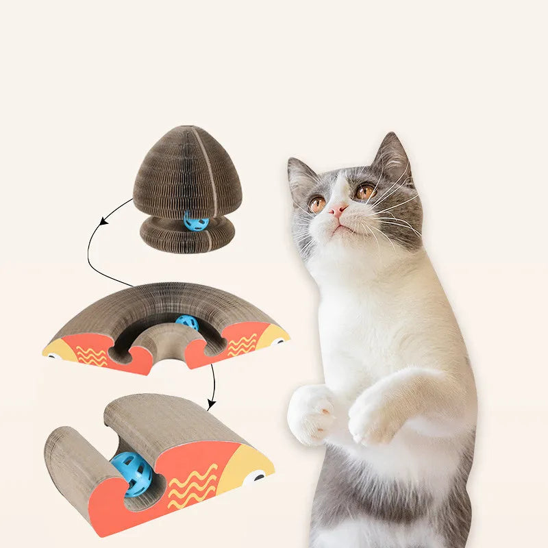 Cat interactive scratching tower with rolling ball toy. Durable cardboard scratcher for feline play & enrichment.