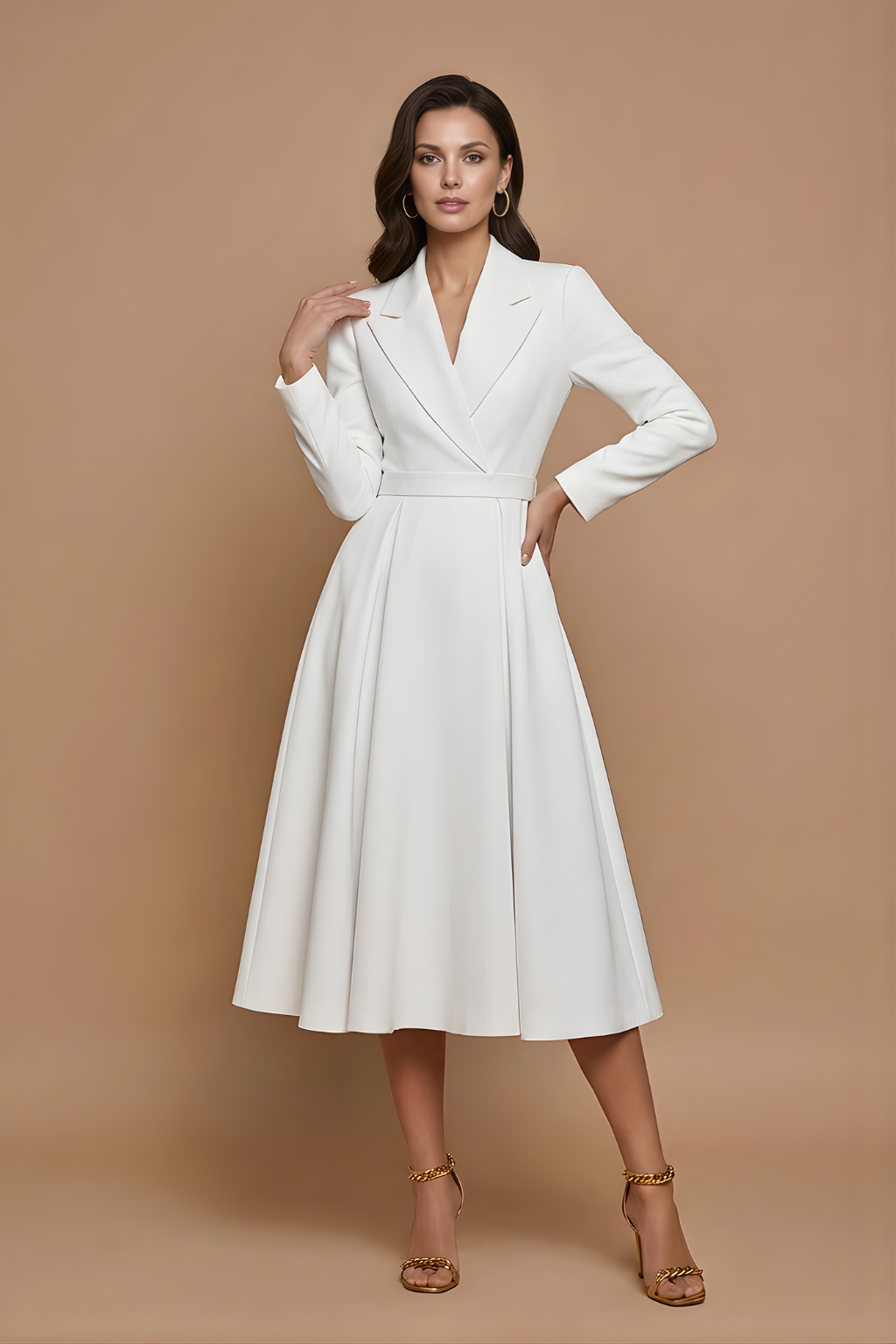 Elegant women's pleated A-line midi dress with a distinctive notched lapel, ideal for formal occasions.