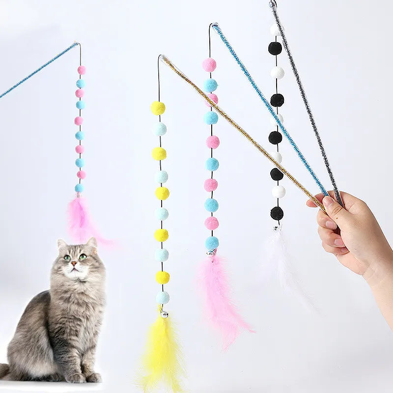 Feather cat wand toy for engaging kitten play, featuring colorful feathers to attract and entertain active cats.