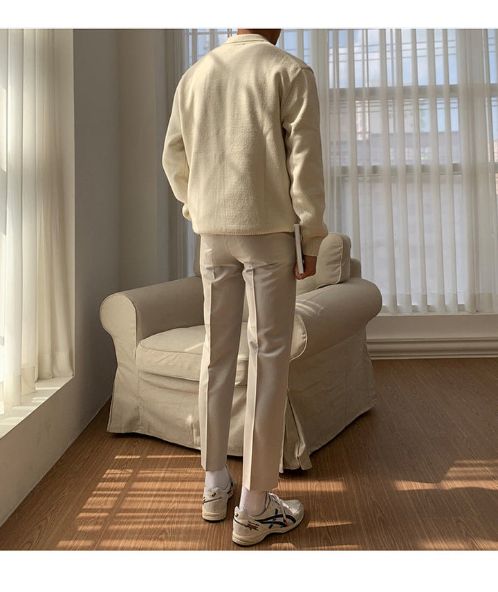Comfortable men's ribbed knit polo sweater. A long sleeve pullover designed for relaxed yet smart casual style.