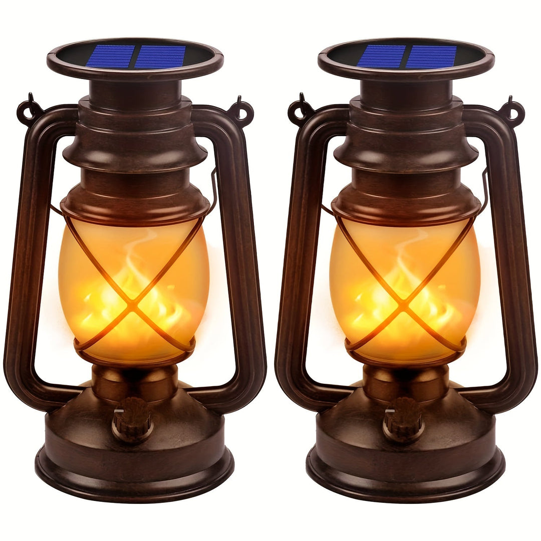 Set of 2 vintage solar lanterns with flickering LED dancing flames, perfect for garden and patio decor.