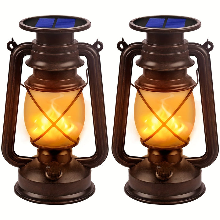 Set of 2 vintage solar lanterns with flickering LED dancing flames, perfect for garden and patio decor.