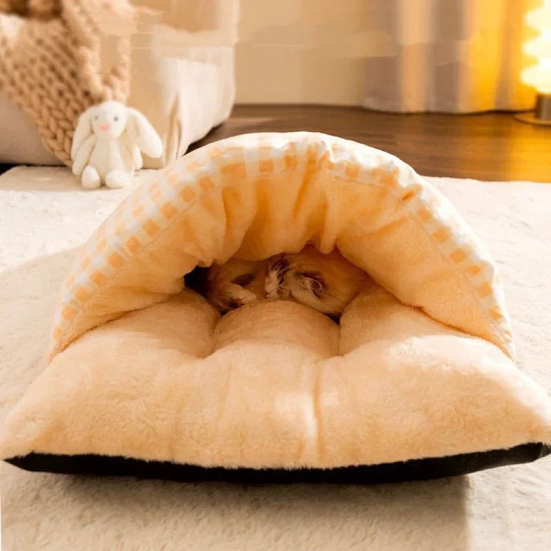 Feline plush snuggle sleeping bag bed. Cozy cat cave for warm, secure naps & comfort.
