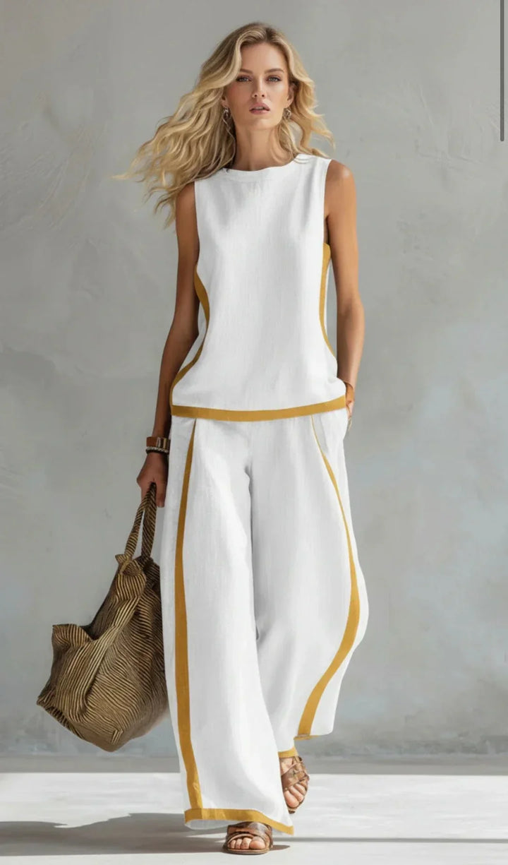 Stylish women's linen blend top & pant set. Elegant two-piece for comfortable summer casual wear.
