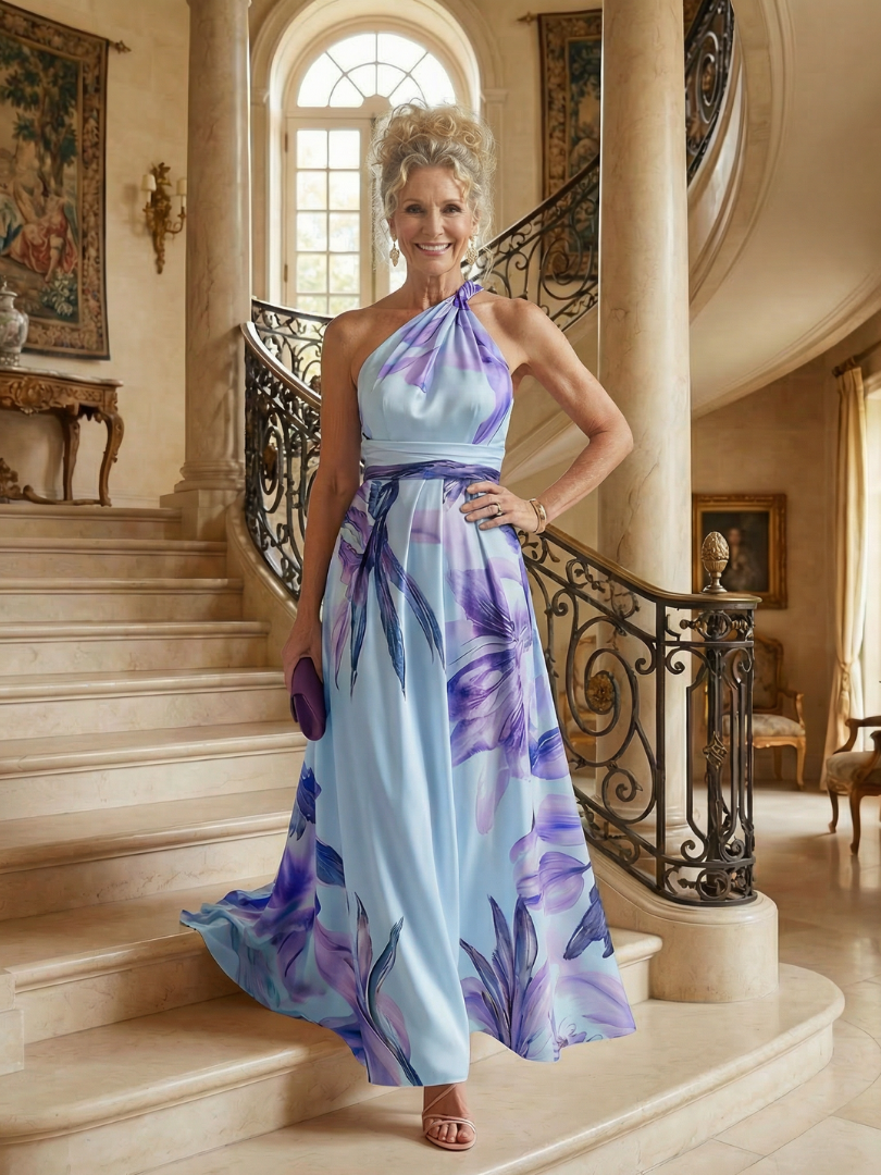 Elegant women's light floral halter neck maxi dress. Flowing and comfortable for spring & summer vacation.