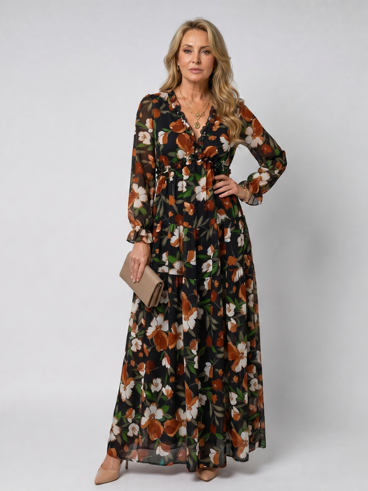 Beautiful women's floral print long sleeve tiered maxi dress, a must-have for spring fashion.