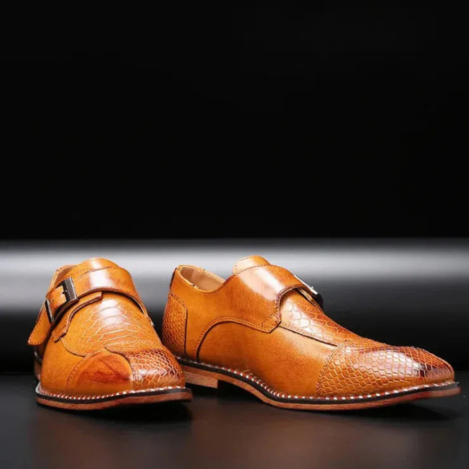Stylish crocodile embossed leather monk strap flats for men, perfect for formal and professional attire.