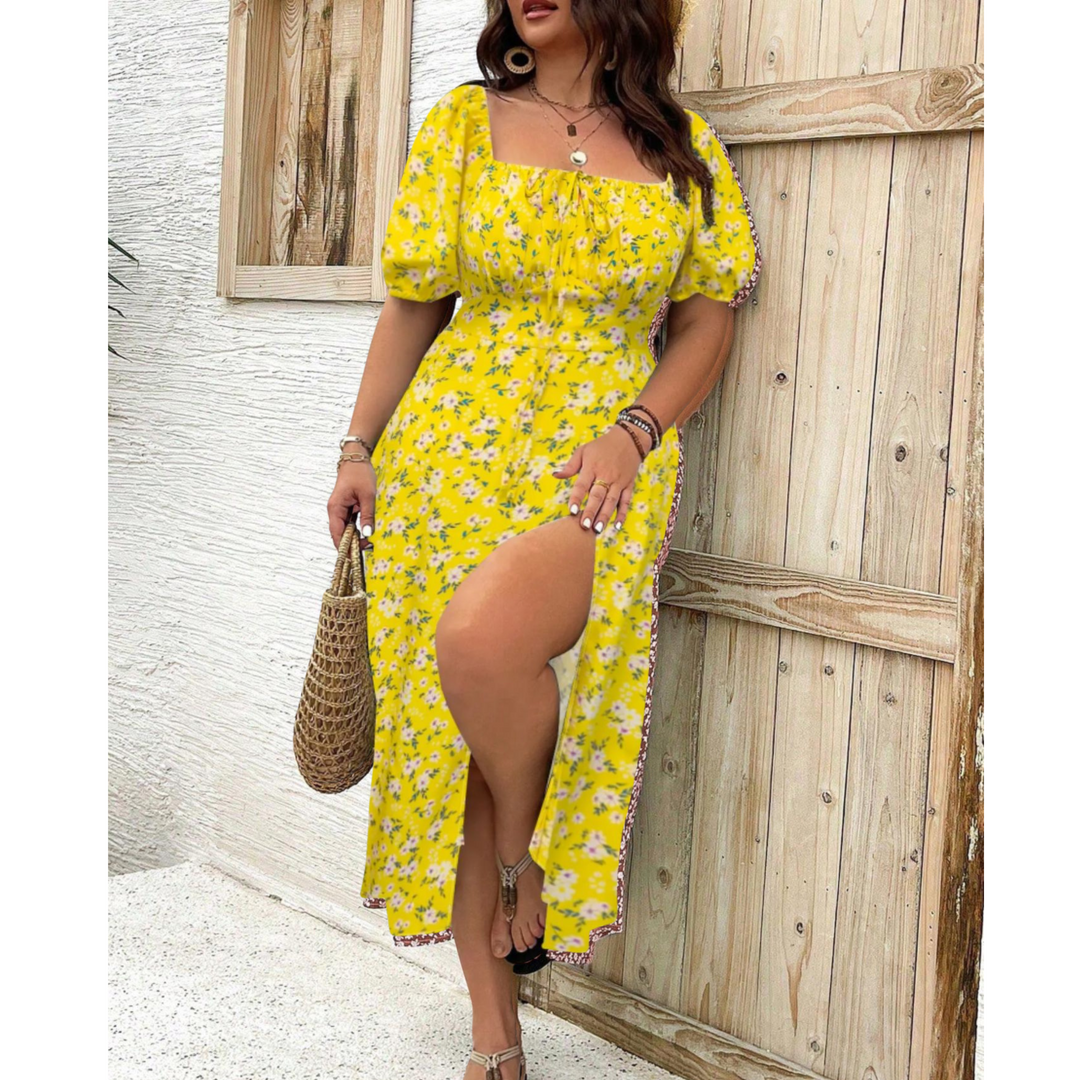 Chic women's puff sleeve midi dress, featuring a side slit, square neck, and elegant design.