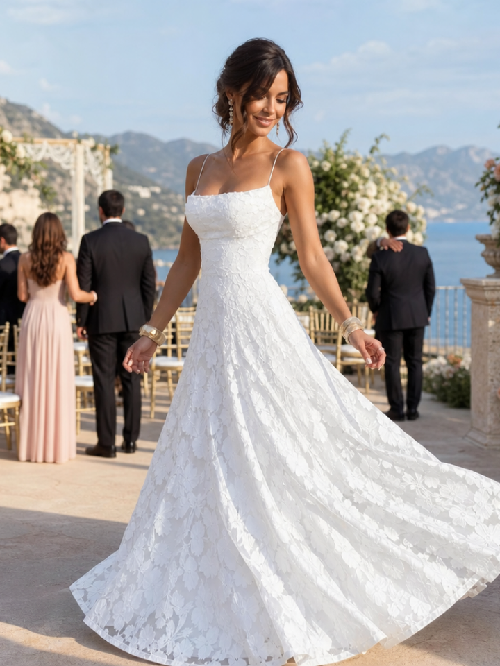 Long elegant women's full lace maxi dress with spaghetti straps, a timeless formal or party attire.