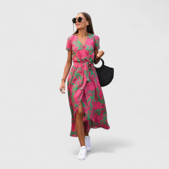 Sophisticated women's long midi wrap dress, offering an elegant and flattering style for versatile use.