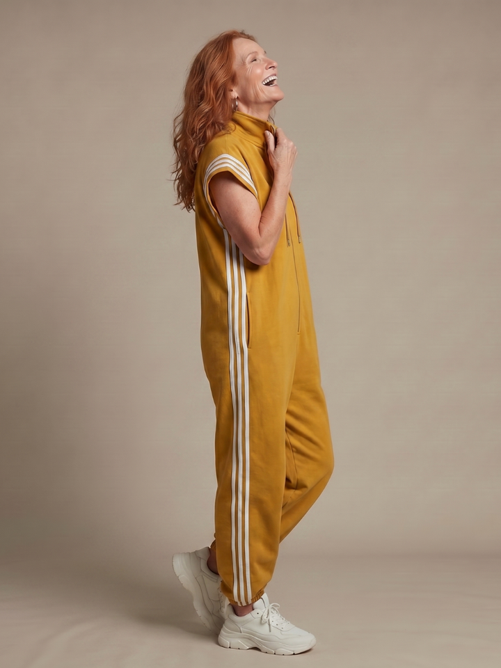 Effortless women's daywear jumpsuit: zip front, full length, relaxed fit with trendy stripe panels.