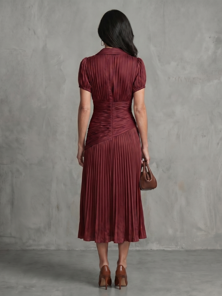 Collared stripe midi dress for women, with a stylish pleated waistline.