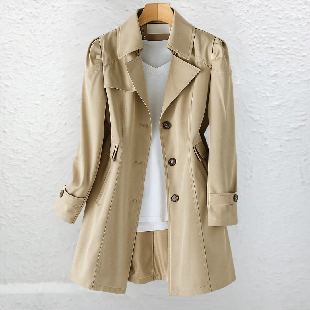 Khaki women's classic trench coat. Vintage style, versatile, and sophisticated all-season outerwear with a collar.