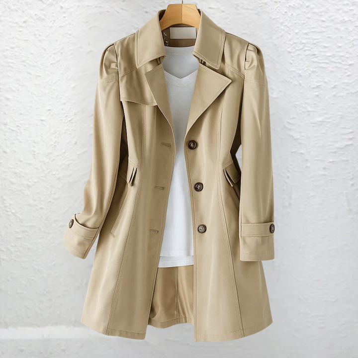 Khaki women's classic trench coat. Vintage style, versatile, and sophisticated all-season outerwear with a collar.