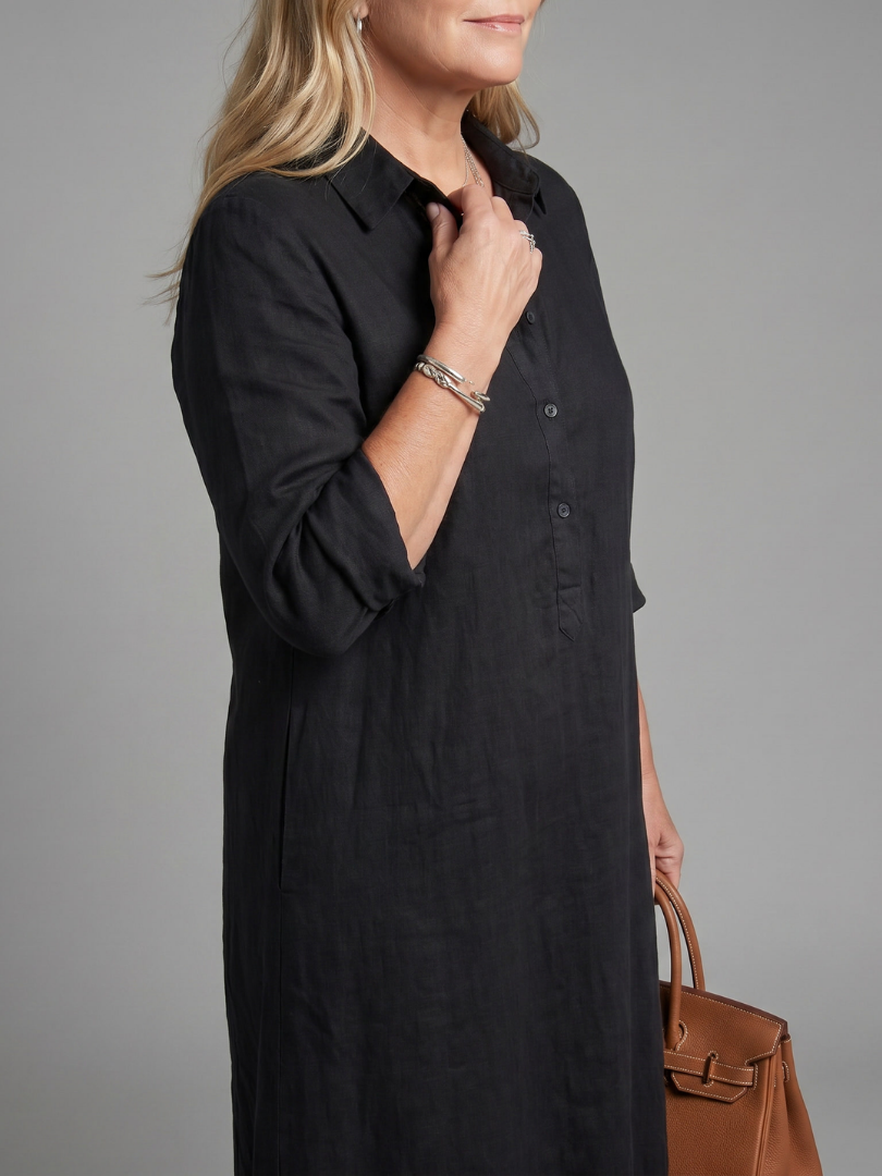 Women's collared long sleeve button front maxi dress in a relaxed fit, perfect for casual elegance.