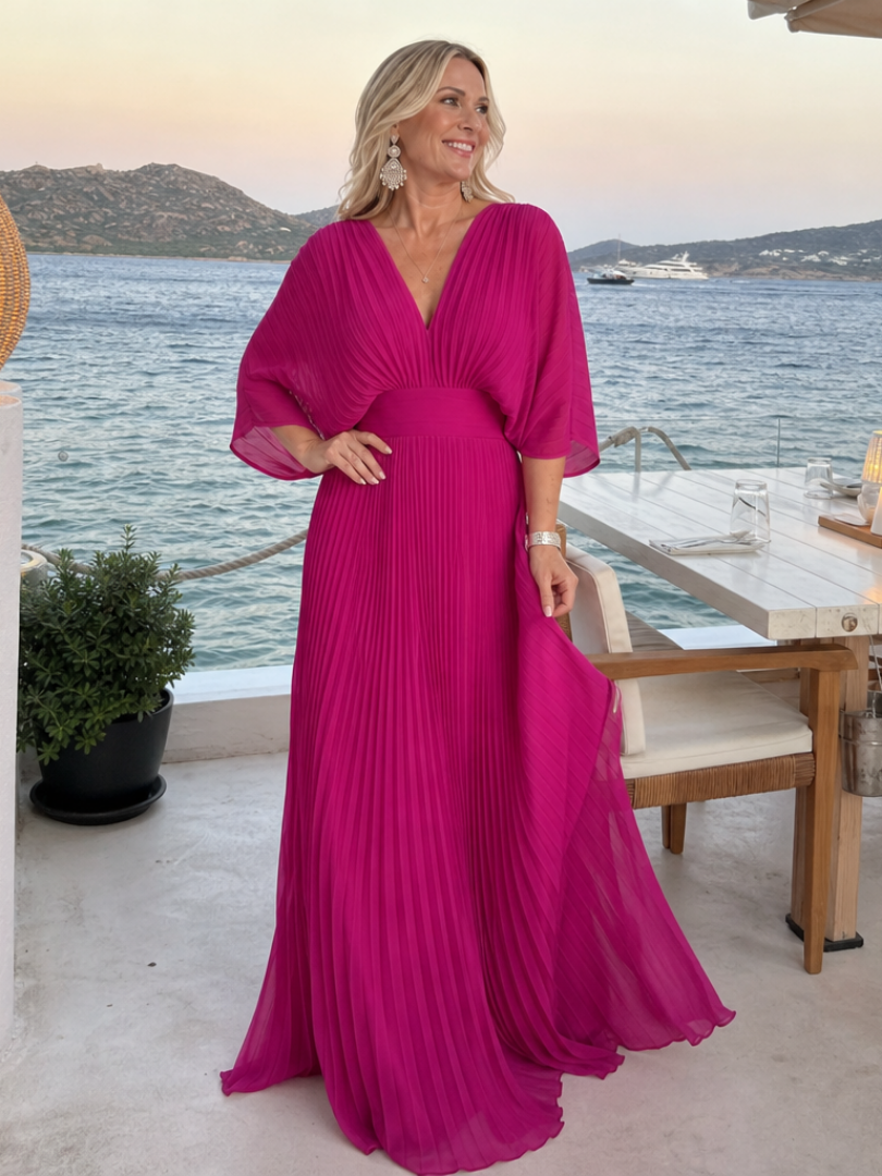 Full-length V-neck long-sleeve pleated maxi dress for women, offering an elegant & versatile style.