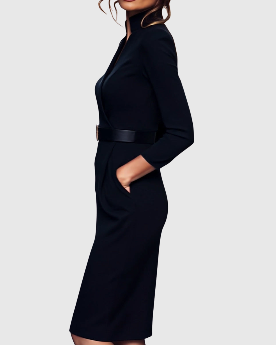 Versatile women's midi dress: elegant mock wrap, three-quarter sleeves, and a chic belt.